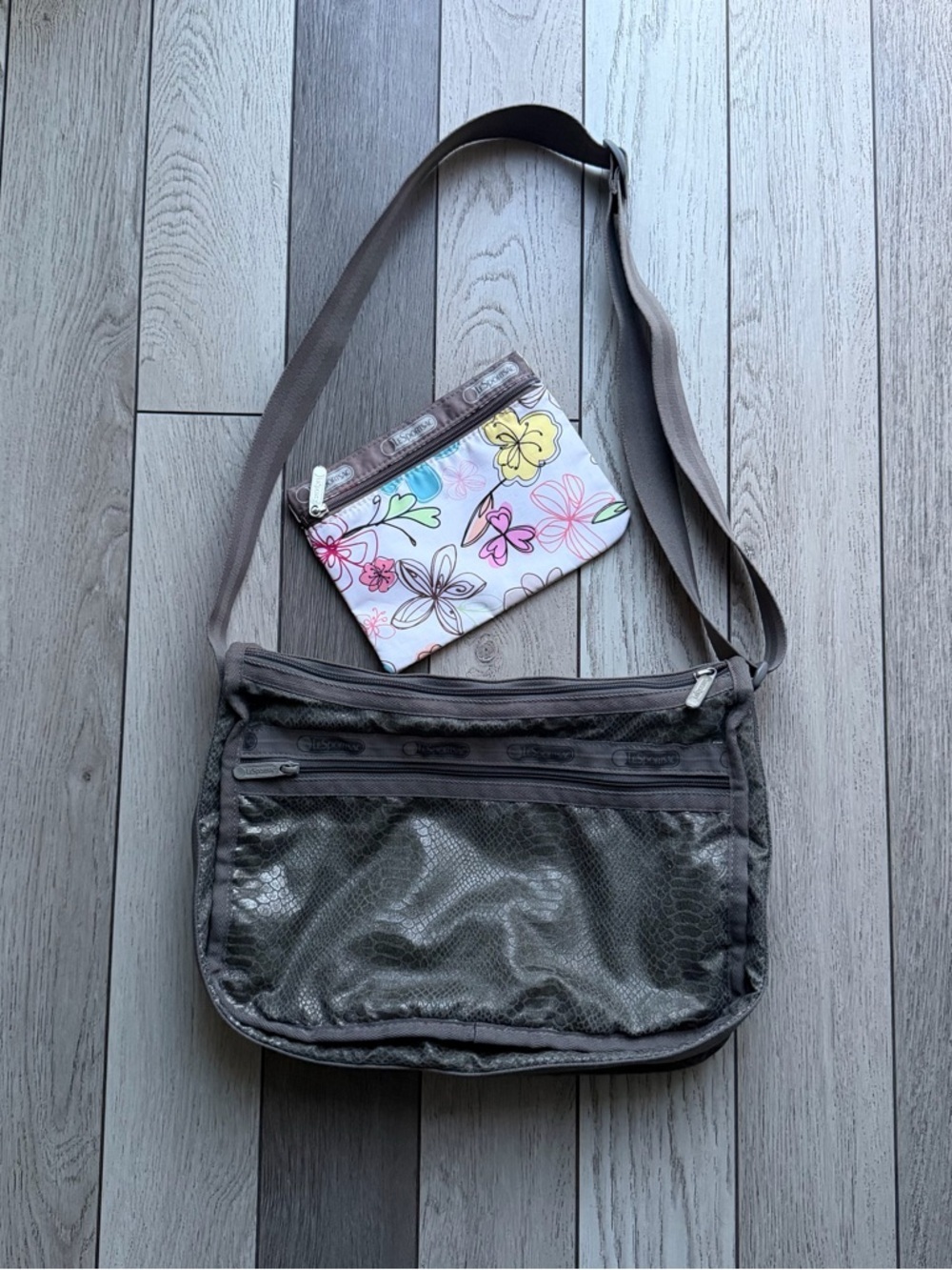 LeSportsac Gray Animal Print Crossbody Shoulder Bag with Floral Wallet